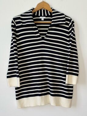 J. Jill Black and White Striped V-Neck Sweater